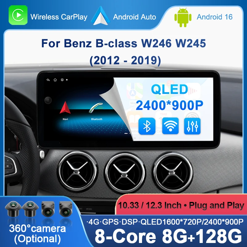 

Мультимедийная система для автомобиля с беспроводным CarPlay и Android Auto, экран 10.33 дюйма и 12.3 дюйма для Mercedes Benz B-class W246 W245 2012-2019