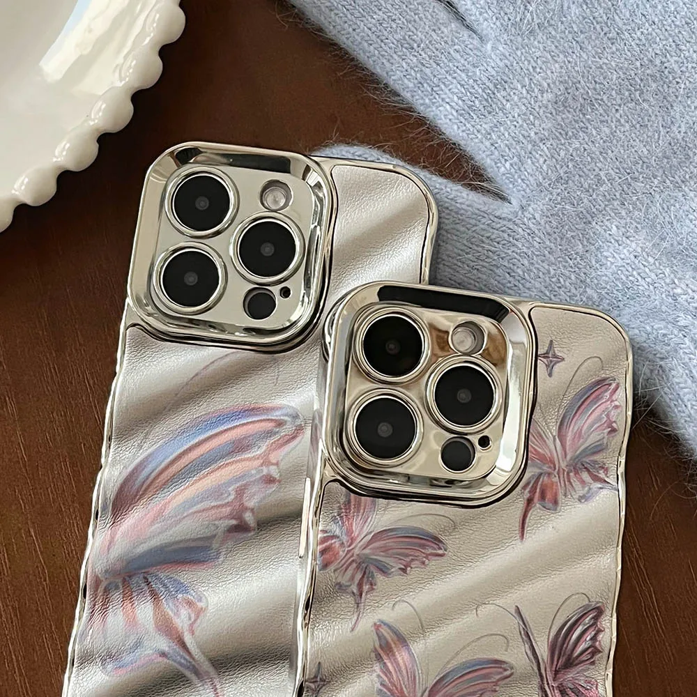 한국 INS 달콤한 나비 전화 케이스, 아이폰 15, 14, 13, 12, 11 프로 맥스, 럭셔리 전기도금 실버, 3D 물 잔물결 소녀 커버