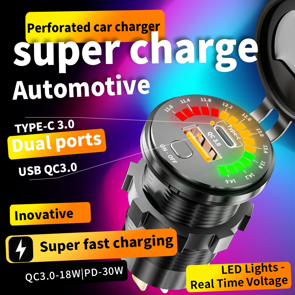 ZUNVMMS مقبس شاحن USB مزدوج مع الفولتميتر LED ON OFF التبديل QC3.0 نوع C مقاوم للماء منفذ USB شاحن سريع لسيارة 12 فولت/24 فولت