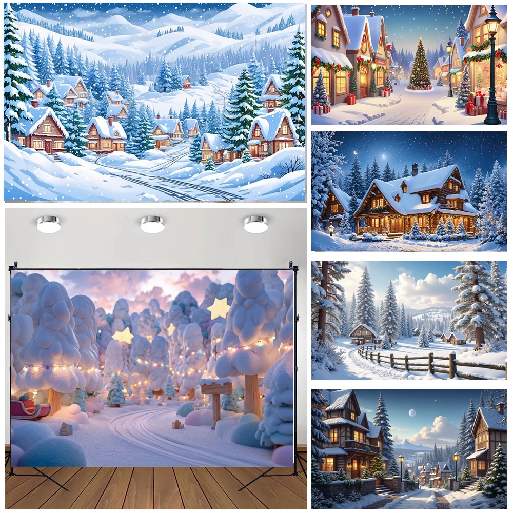 

MOON.QG Fairy Tale Snowscapes Backdrops For Photography Pine Forests Gift Cabins Photo Background Child Party Supplies Photozone