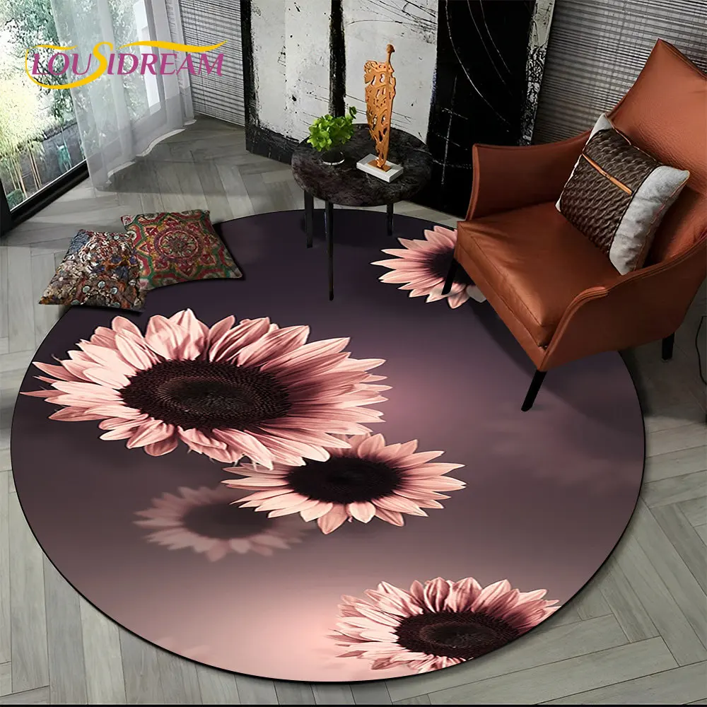Daisy & Sunflower Nordic Flower Round Area Rug – Non-Slip Floor Mat for Living Room, Kids Bedroom, Sofa, Playroom Decor