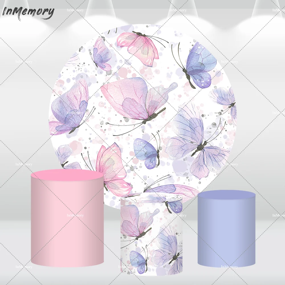 

Pink Purple Butterfly Girls Birthday Round Circle Backdrop Cover Watercolor Butterflies Baby Shower Background Cylinder Covers