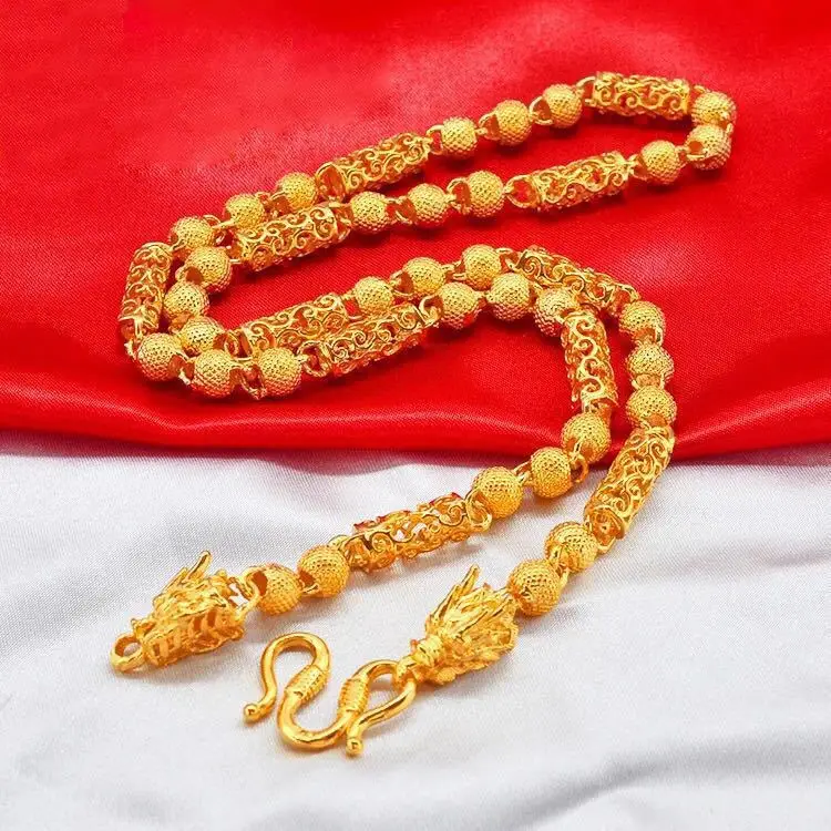 24K 9999 Real Gold Dragon Head Buddha Bead Hollow Bead Men\'s Domineering Fashion Gold Necklace