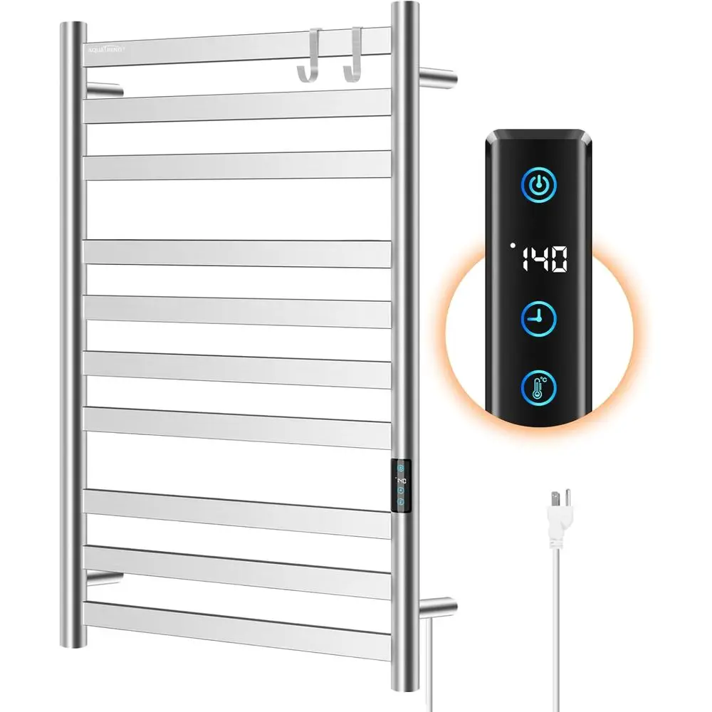 10-Bar Electric Wall-Mounted Towel Warmer with LED Timer, Brushed Nickel Finish, Stainless Steel