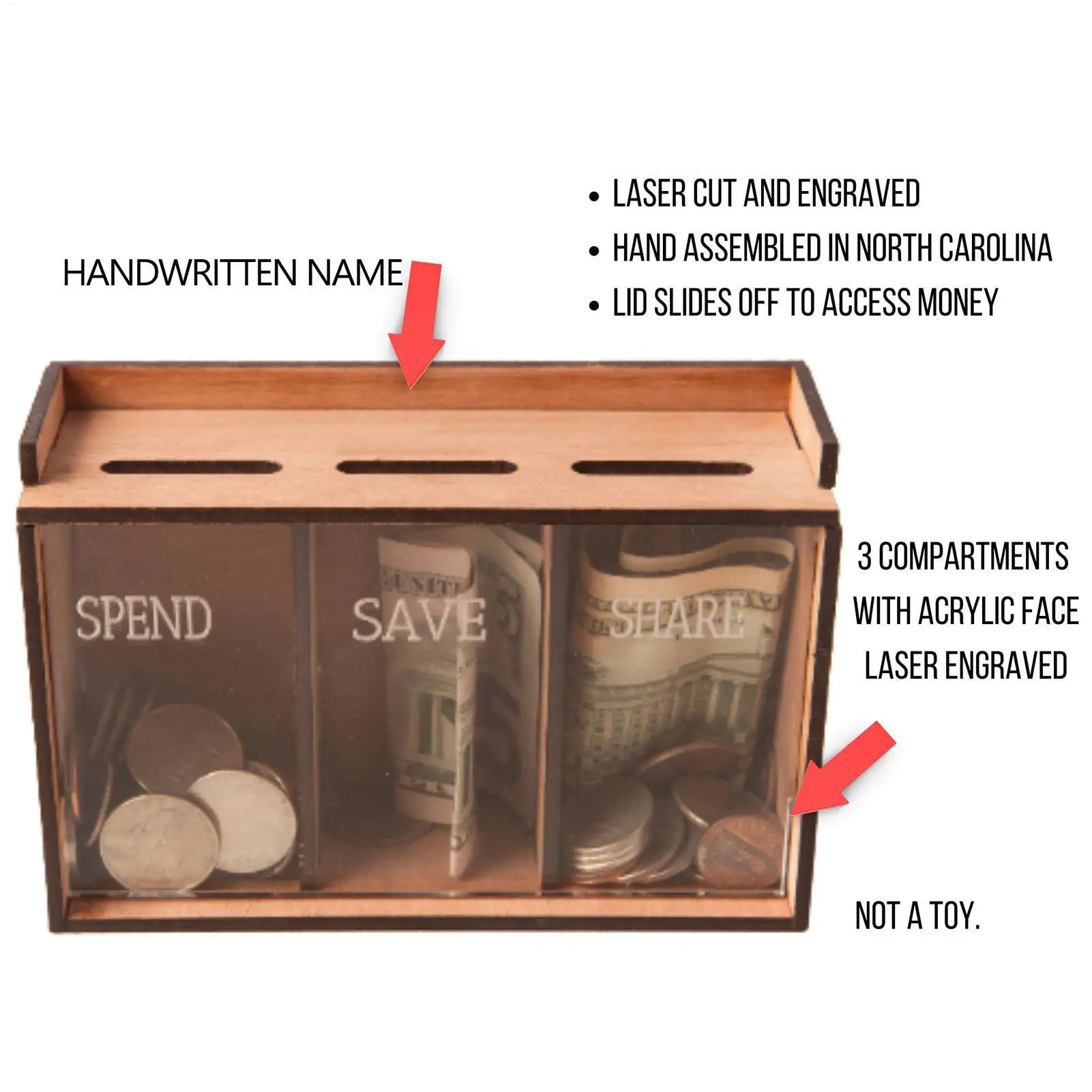 بنك المال للبالغين، 3 مقصورات خشبية قابلة للإزالة، منظم تخزين الأموال لتوفير العملات المعدنية لتزيين المنزل #5