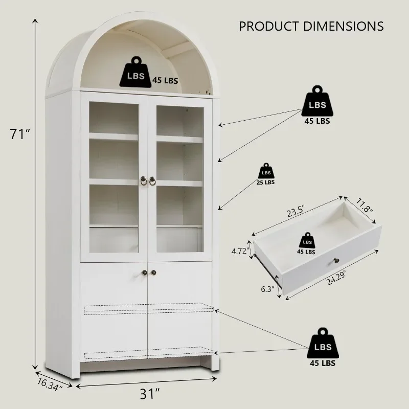 71” Tall Arched Bookshelf, w/ Open & Adjustable Shelf,Large Hidden Drawer and Glass Doors,for Living Room, Bedroom,White