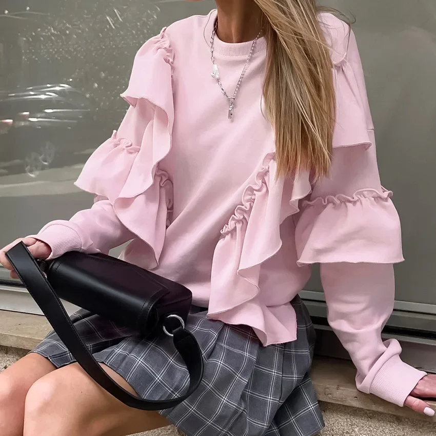 

Casual Pink Ruffled Pleated Hoodie Women Autumn Sweatshirt Fashion Tops Round Neck Long Sleeve Loose Pullover Blouse