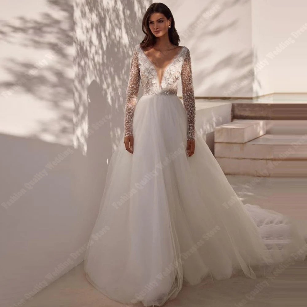 Elegant Lace Long Sleeves Women Wedding Dresses Attractive A-Line Bridal Gown Mopping Length Princess Banquet Vestidos De Novias