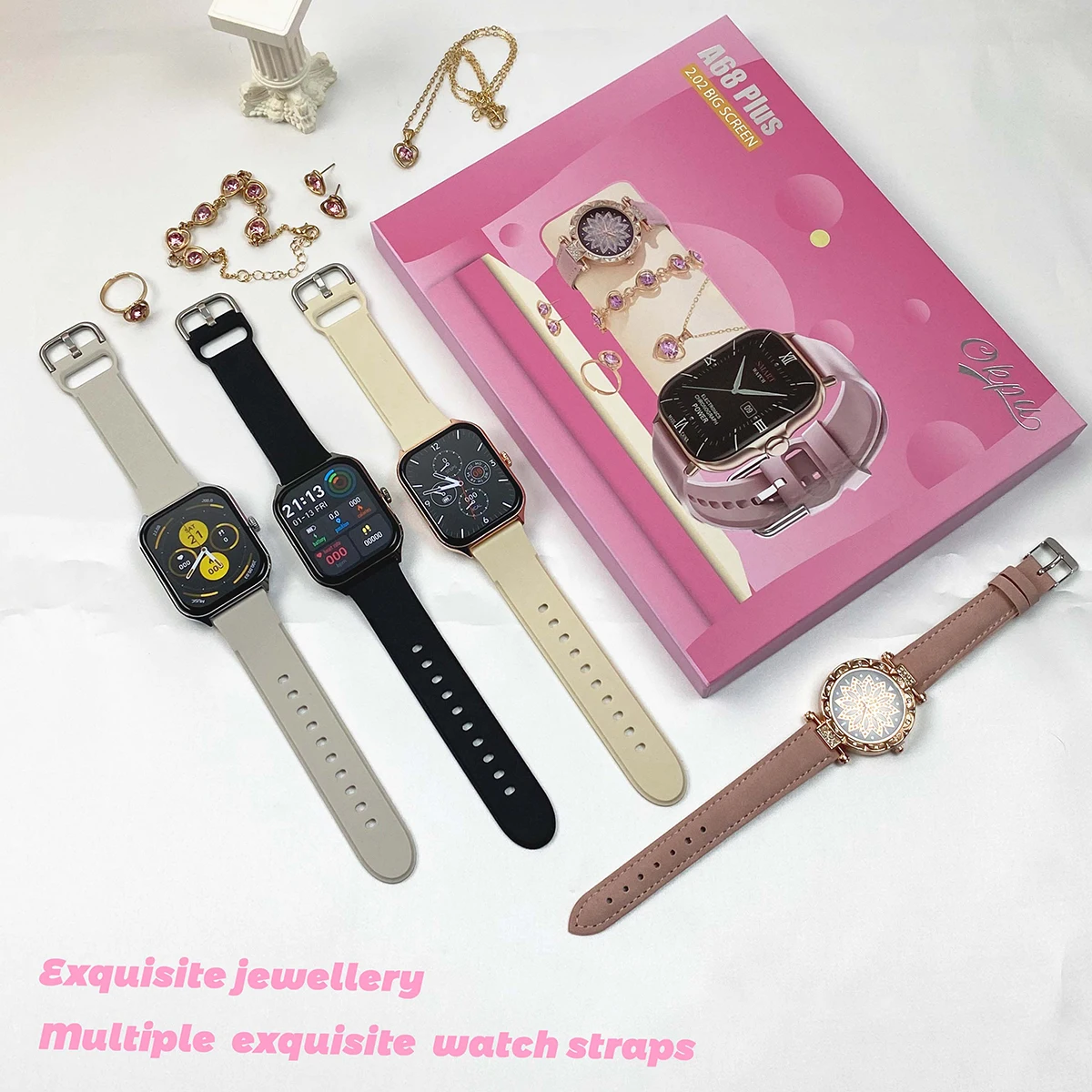 Fashion Smart Watch Gift Box Set + Diamond Quartz Watch + Necklace + Earrings + Ring + Bracelet