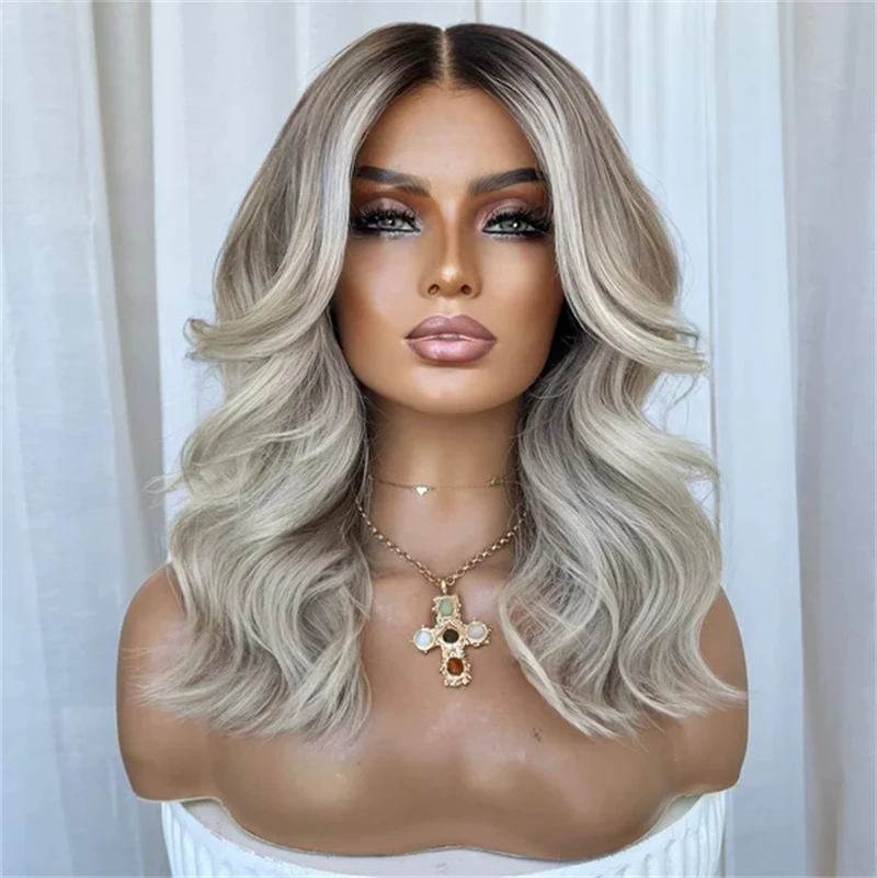 

Middle Part Ombre Ash Platinum Blonde Synthetic HD Lace Front Wig Short Wave Bob Like Jewish Wig Realistic Look for Women 14''