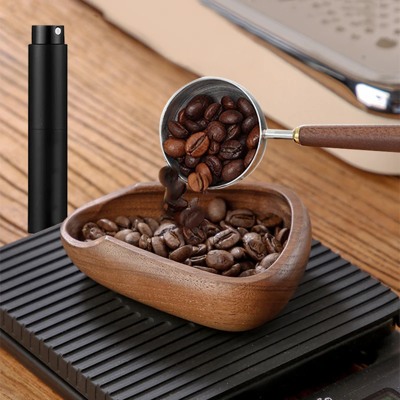 3pcs Set Wood Coffee Bean Dosing Tray Anti-static Spray Bottle Measuring Spoon Espresso Dosing Tray Weigh Coffee Bean Container