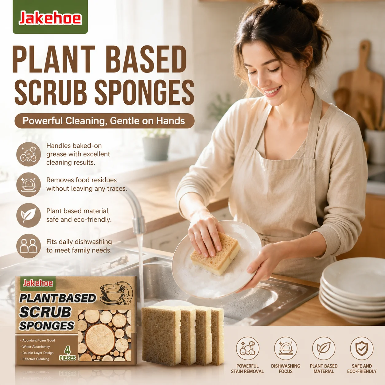 Jakehoe Kitchen Sponge Scrub Plant Base Cleaning Sponge Scrubber Powerful Stain Remover Eco-Friendly Reusable Dishwashing Sponge