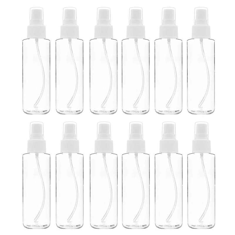 Paquete de 12 botellas transparentes de pulverización de niebla fina, 120 Ml (4 Oz) con tapa de pulverización de bomba, botellas pequeñas de plástico vacías reutilizables y rellenables para
