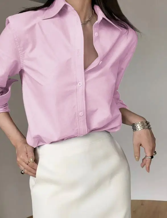 

Women's Shirt Spring Fashion Classic Solid Simple Elegant Commuter Style Flip Collar Button Front Professional Long Sleeve Shirt
