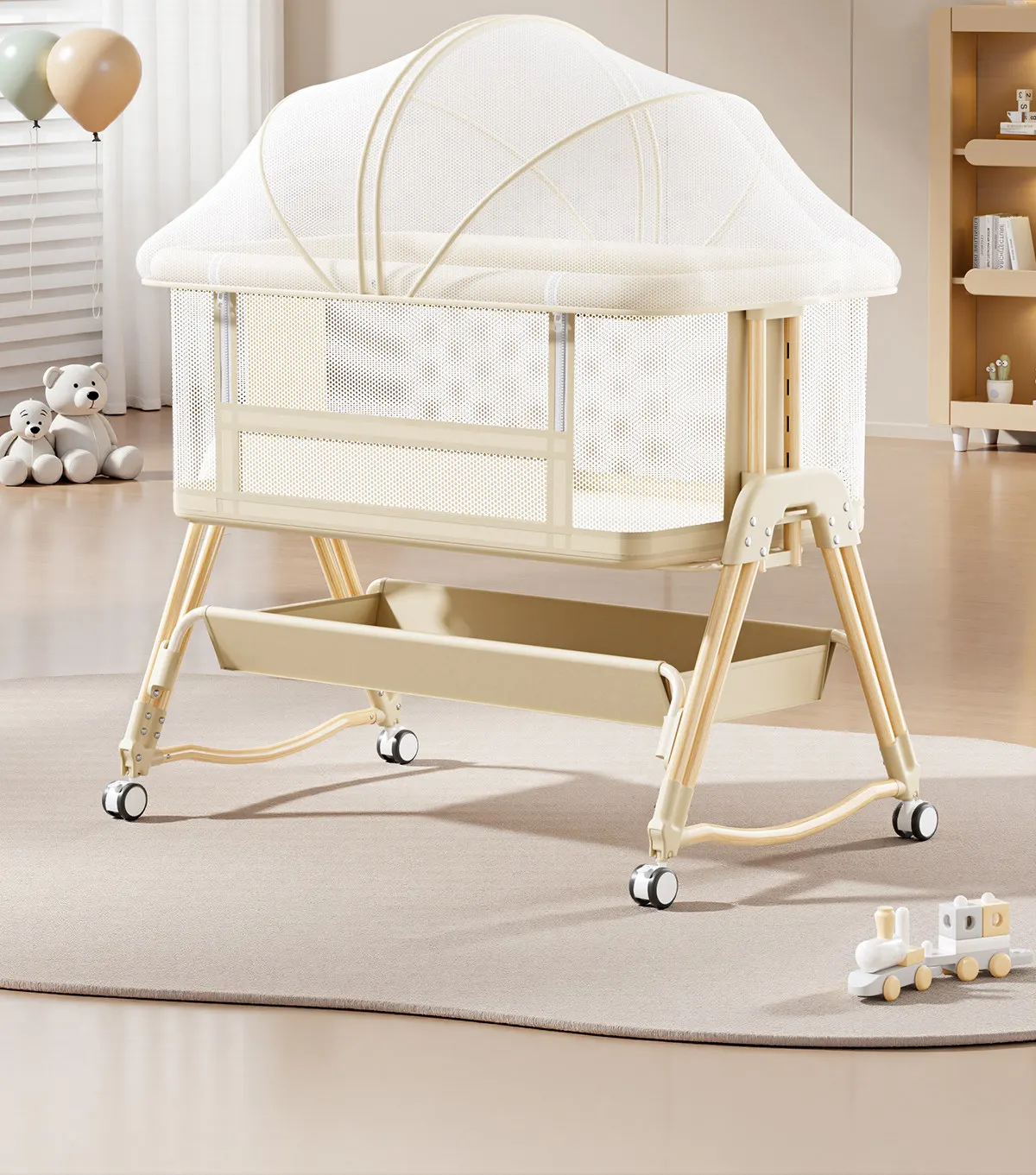 Babyfond Crib Moveable Splicing Queen Bed Newborn Crib Multifunctional Diaper Table 2-in-1 Foldable Cradle Bed