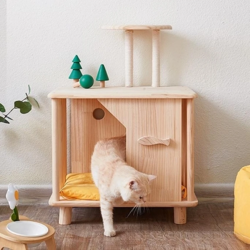 Solid Wood Pet Nest Bedside Cat Cabinet Cat Tree All-season Universal Cat Nest Closed Dog House Pet Supplies Pet Nest