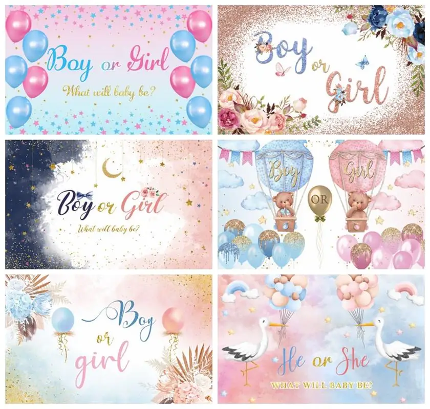 

Laeacco Bear Gender Reveal Backdrop Boy or Girl Pink Blue Balloon Floral Rose Kids Baby Shower Portrait Photography Background