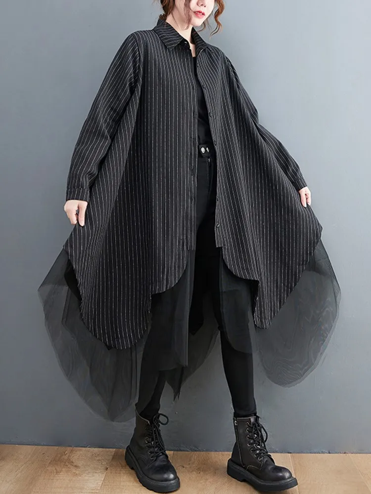Oversized mesh gestreepte shirtjurk dames shirts met lange mouwen losse casual onregelmatige damesjurken mode vrouw jurk