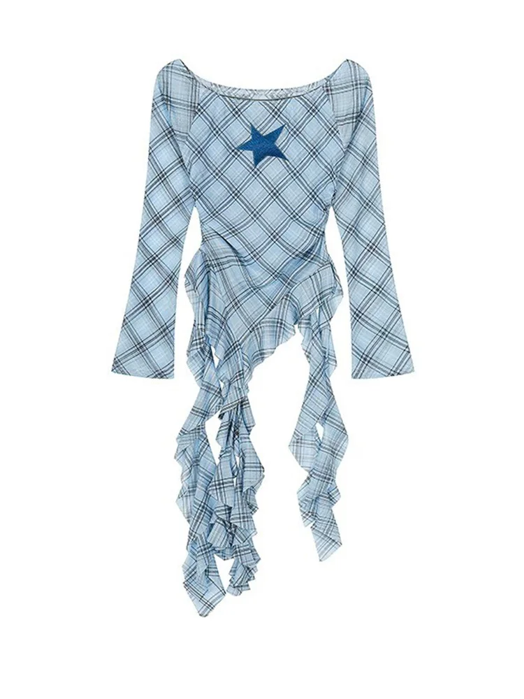 

Blue Concert Theme Long Sleeve T-Shirt Women's Asymmetrical Hem One Shoulder Checkered Sash Korean Style Commute Silk Top