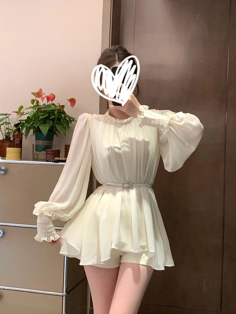 

Ele White Chiffon irt Women's Early Autumn 2025 New Waist-Cinching Slimming Midi Bubble Sve Blouse Faion Set