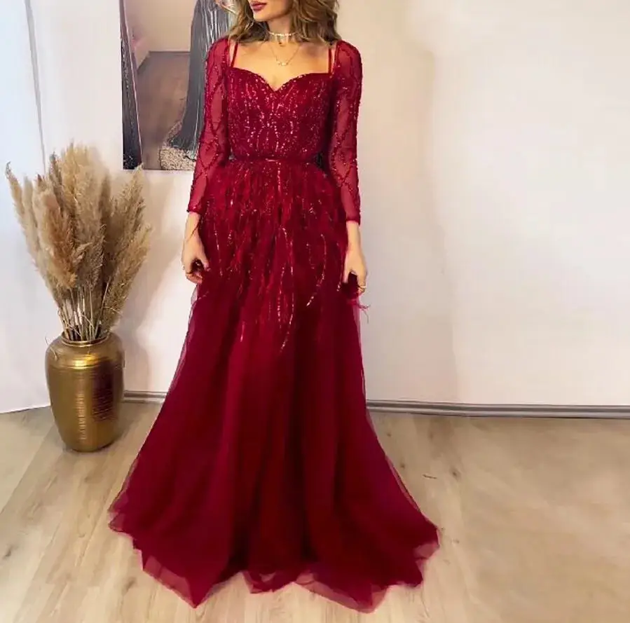 

Elegant Burgundy Feather Evening Night Dress for Women 2024 V Neck Beads Handmade Side Slit Aline Formal Wedding Prom Party Gown