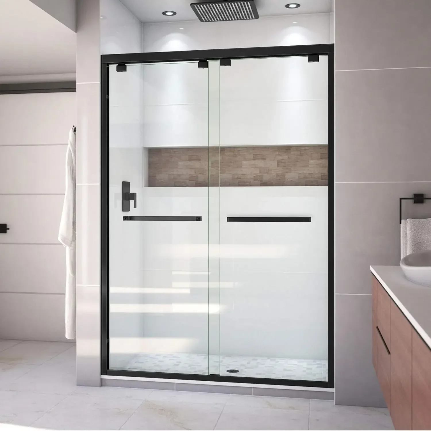 Encore 50-54 in. W x 76 in. H Semi-Frameless Bypass Shower Door in Satin Black, SHDR-1654760-09