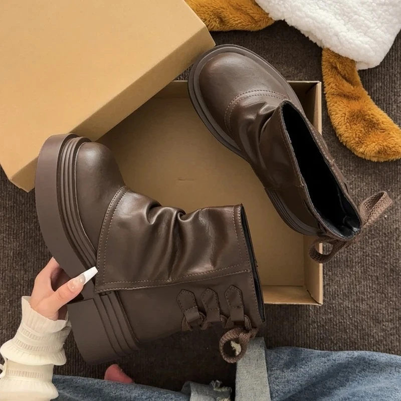 

Винтажные женские полусапожки на платформе, увеличивающие рост, осенне-зимние женские современные ботинки на шнуровке сзади, botines para mujeres