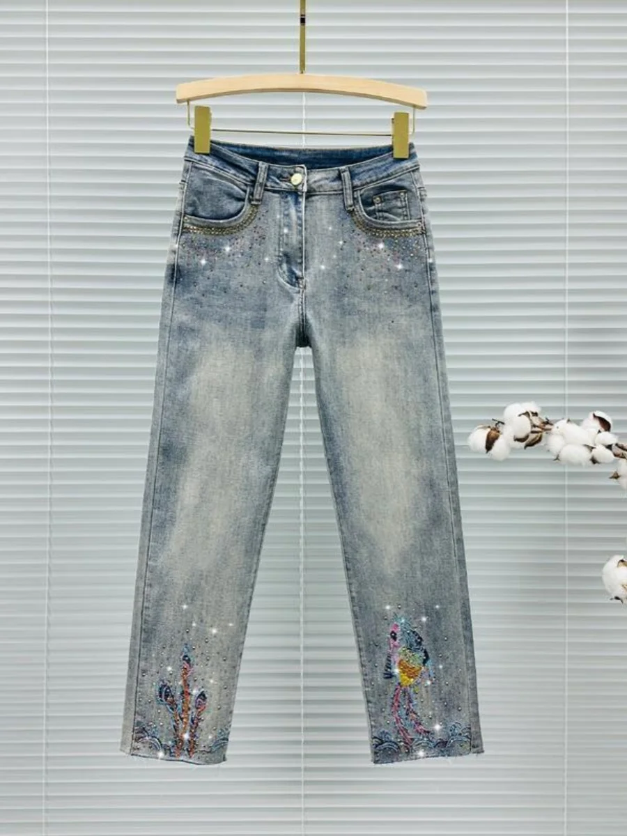 

Женские джинсы с высокой талией, прямые, с вышивкой, летние, модные, 2024, новые, эластичные, облегающие, из смесового хлопка и денима