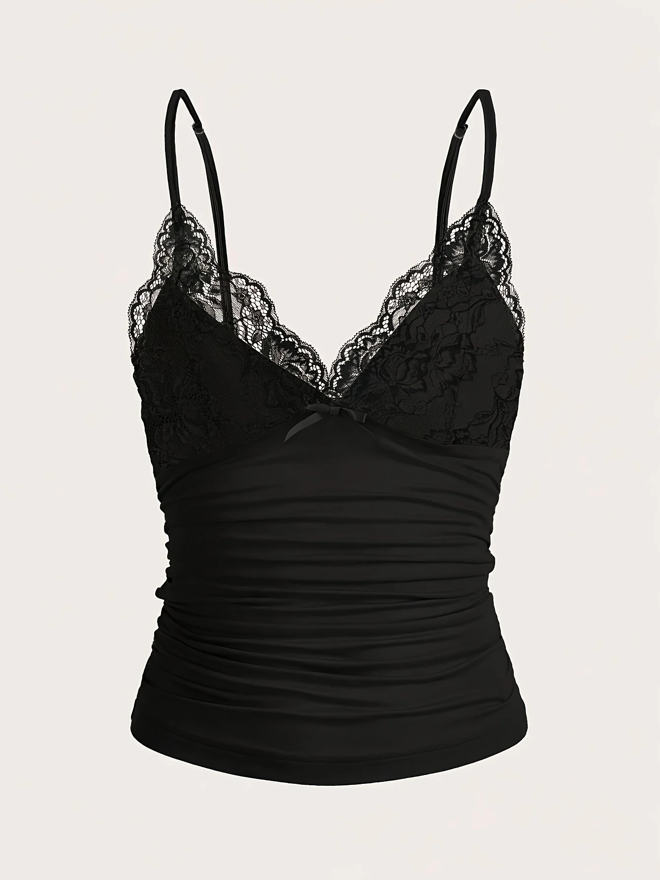Ladies Slim-fit Black Camisole with Floral Lace V-Neck, Tiny Front Bow, Side Ruched Details and Adjustable Thin Straps for Loung