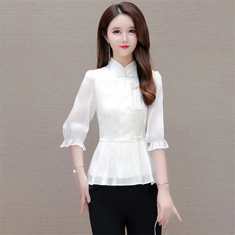 Spring Summer Chinoiserie Shirt 2024 New Coil Buckle Stand-Up Collar Women's Clothes Blouse White Fashion Pullover Top Female