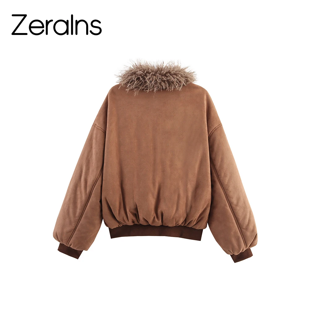 ZERAINS 2025, Herbst Neue frauen Kleidung Europäischen und Amerikanischen Stil Künstliche Pelz Große Wolle Kragen Gespleißt Baumwolle Jacke