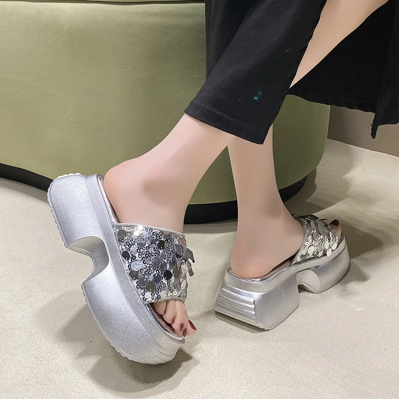 

7.5CM Thick Bottom Summer Bling Slippers Women's Sandals 2024 Women Wedges High Platform Flat Shoes Woman Beach Flip Flops