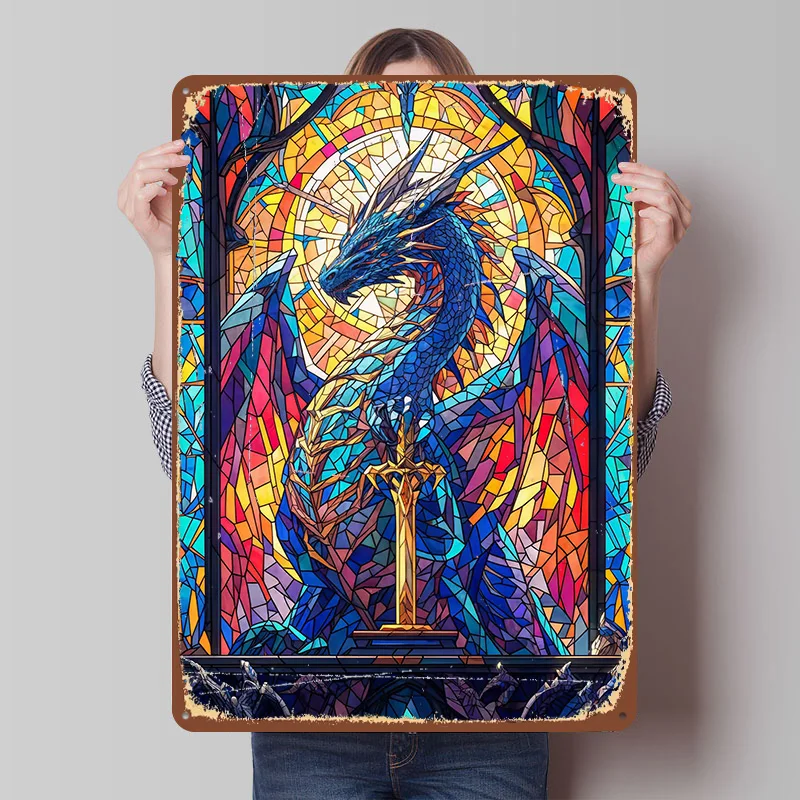 Drachen-Buntglas-Poster, personalisierte Wandkunst, Retro-Vintage-Metallblechschilder für Heim- und Bürodekoration, Bar-Accessoires, Zimmer