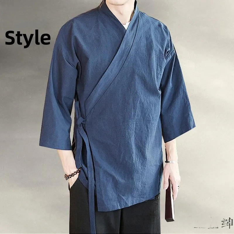 

Men's Summer Cotton Linen Dao Pao Coat f Sve Slant Lapel Hanfu Ancient Tea Clothing Zen Sle Casual Wear for Middle-Aged