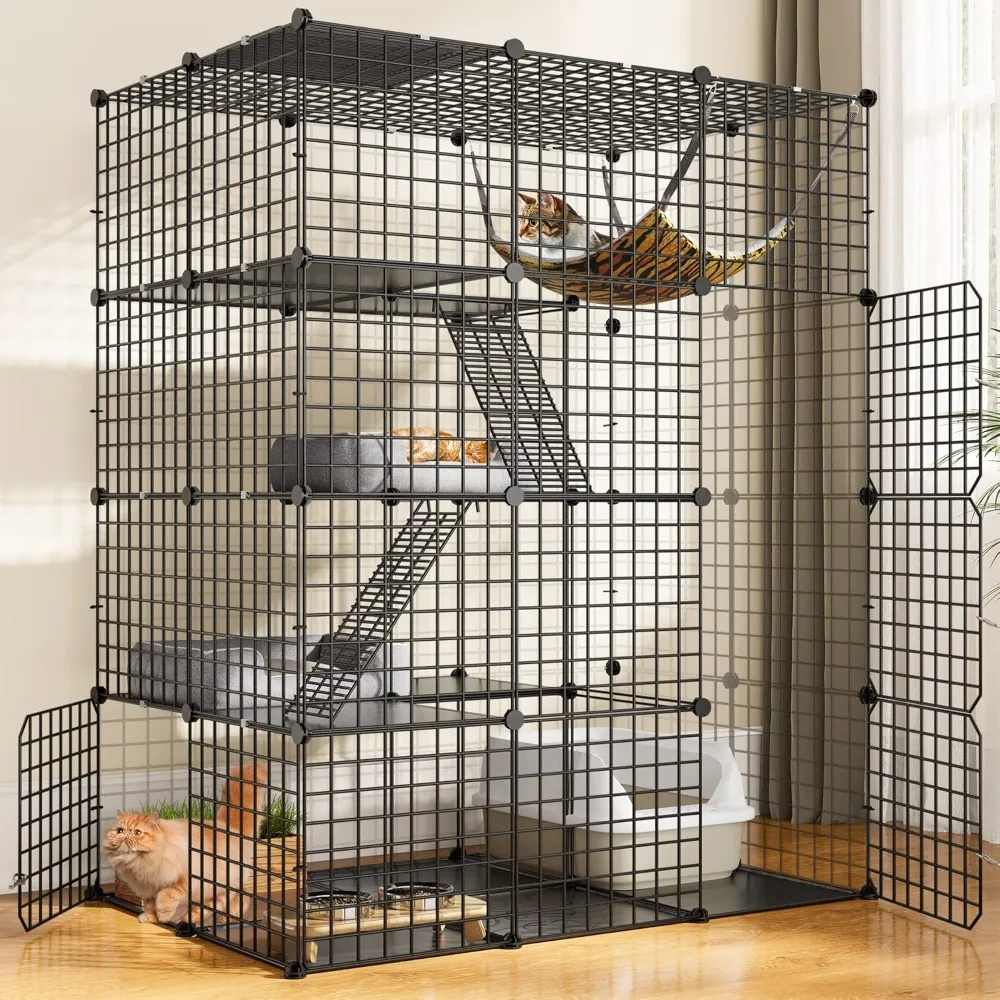 

Cat Cage Indoor Large with Storage Cube DIY Outdoor Cat Enclosures Metal Cat Playpen with Hammock Platforms