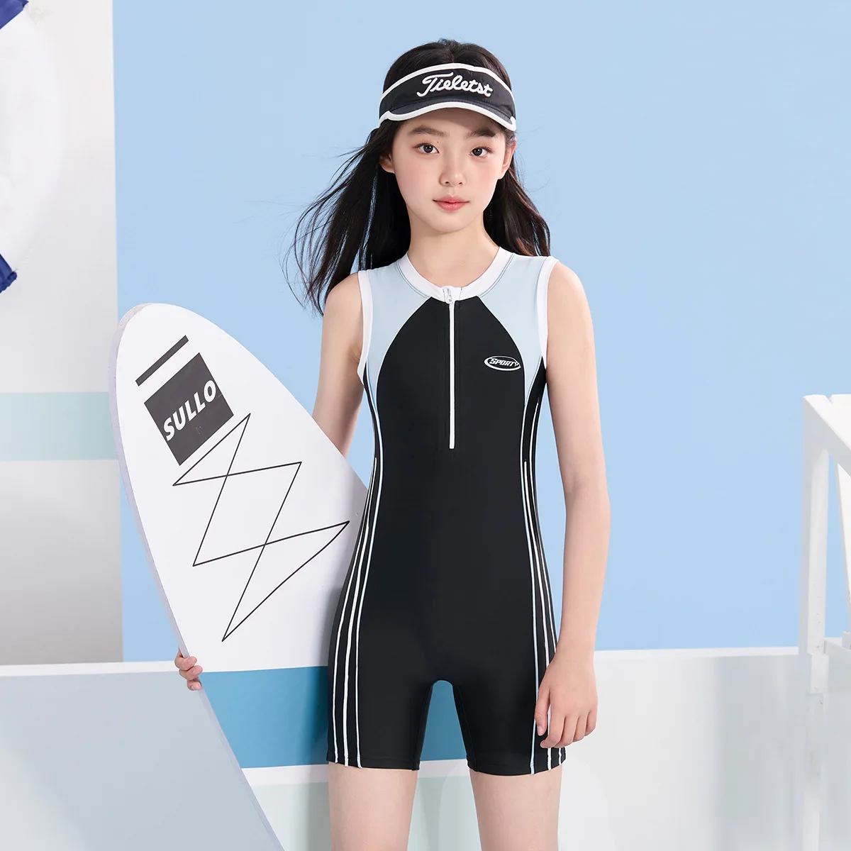 Kids UPF50+Sun Protection WaterProof Surfing Beach Front Zipper SwimWear Girl Outdoor Water Sports Bathing Athletic SwimSuit