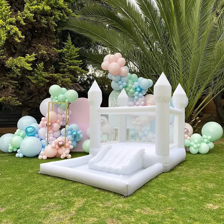 Maison gonflable blanche de rebond 4x2x2.5m, avec fosse à balles, château gonflable avec pompe à air souffleur, jouets de fête d'anniversaire pour enfants, jouets de mariage