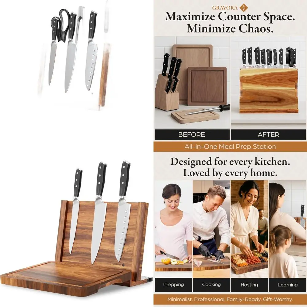 

Wooden 3-in-1 Magnetic Knife Block, 14x10 Cutting Board, and Sharpener with Acacia Rack for Double-Sided Knife Storage