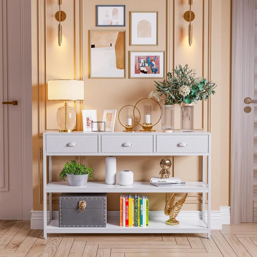 

White Long 47" Console Sofa Table with 3 Drawers, Entryway Table with 3-Tier Storage Shelves, Display Shelf for Entry Way