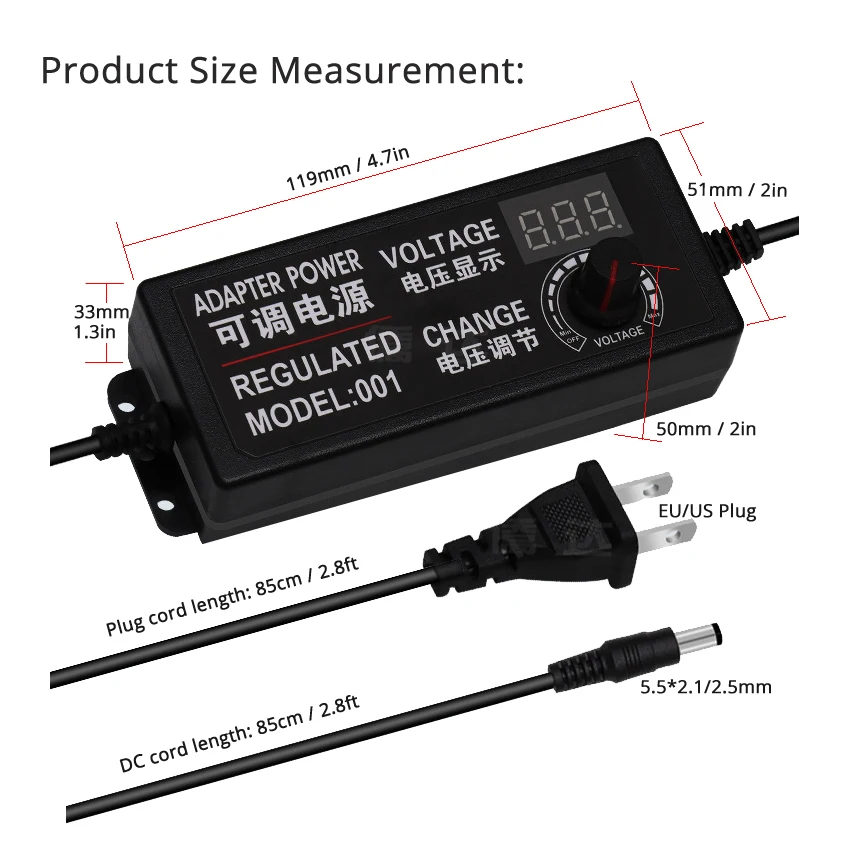 Adapter Adjustable 3V to12V 5A or 3V to 24V 2A Power Supply Display Screen Regulated Knob DC 5.5*2.5mm Input US EU 100-240VAC