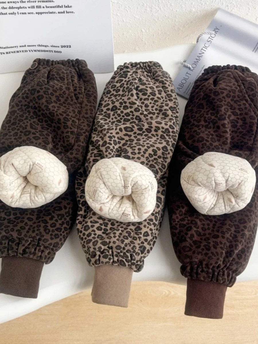 

Thiened хлопковые и шелковые брюки с леопардовым принтом, зимняя одежда для девочек, детские теплые повседневные брюки для зимнего выживания