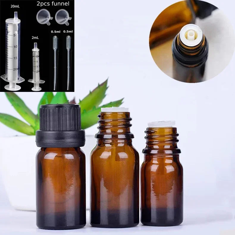 

10/20pcs 5ml 10ml Amber Essential Oil Glass Bottles With Black Cap Refillable Dropper Bottles for massage oil Pipette Bottles