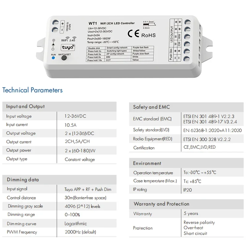 WT1 Tuya WiFi LED Dimmer Controller DC12V-36V 2CH Smart RT1/2 TW1/2 2.4G RF Wireless Remote Dimmer Switch WW CW CCT Controller