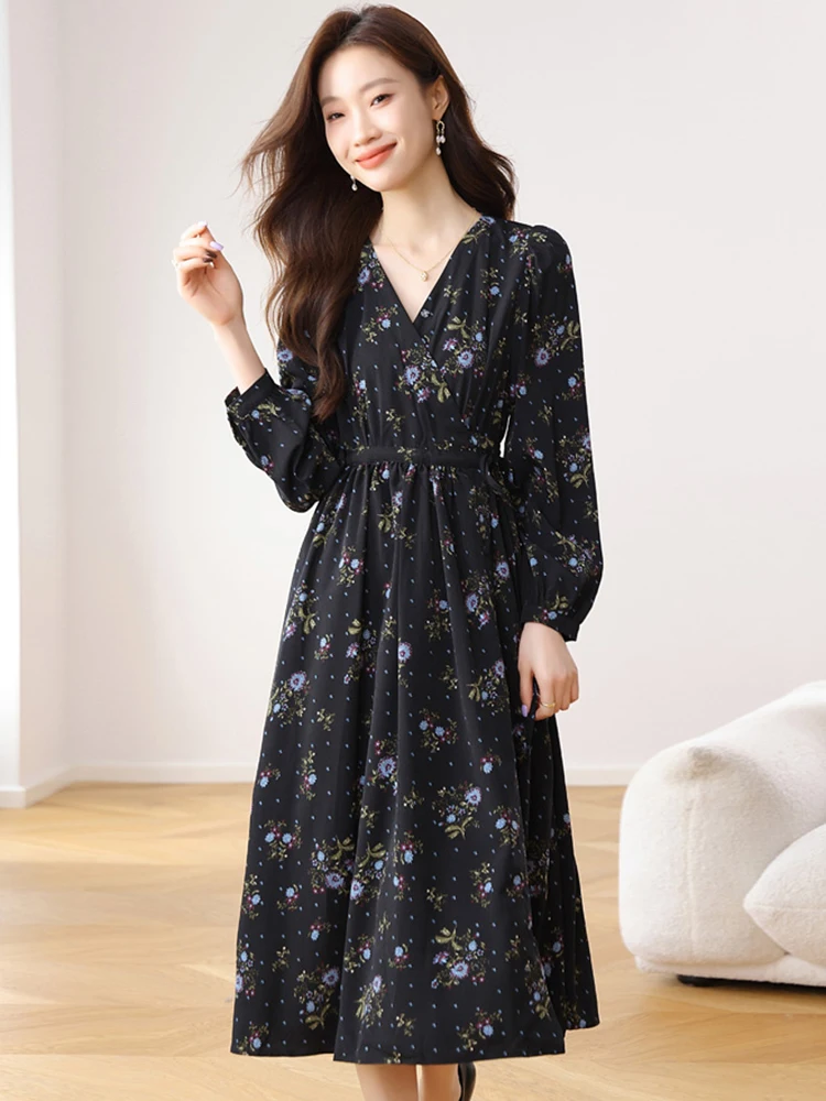 2025 negro Floral de manga larga con cuello en V vestido Midi mujeres Vintage Hepburn vestido de graduación primavera otoño coreano ceñido al cuerpo Festival Vestidos