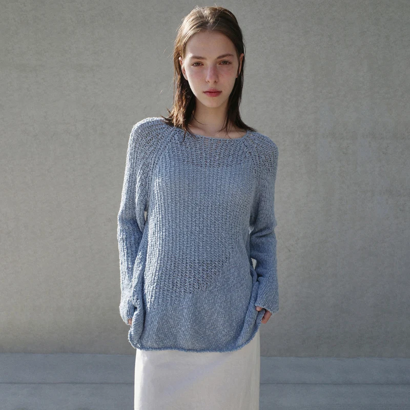 

Свободный вязаный свитер с длинными рукавами и круглым вырезом, с вырезами и вставками, в корейском стиле, универсальный, для повседневной носки, женский топ