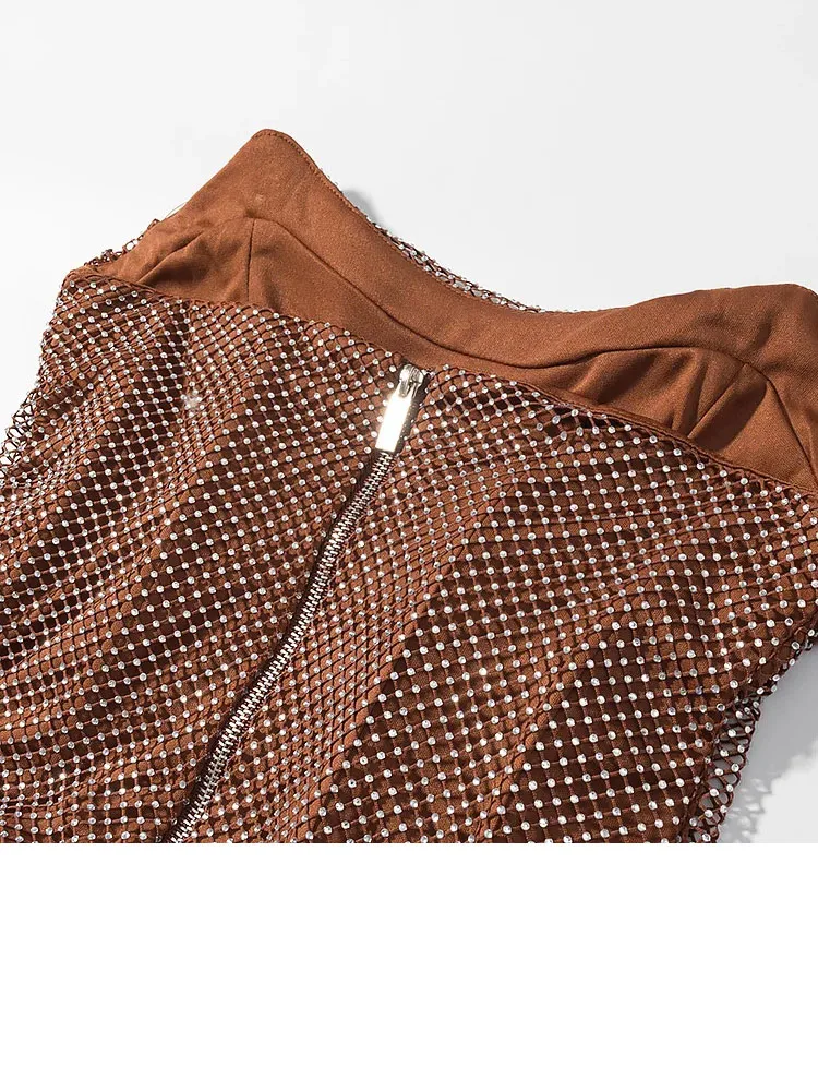 HH 2025 Women Summer Skirt Suit Rhinestone Sleeveless Pleated Strapless Sexy Top+A-line Side Zipper Lining Mini Skirt