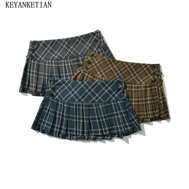 Keyanketian Nieuwe Dames Wollen Geruite Rok Pittig Meisje Preppy Stijl Herfst Knopen Lage Taille Mini Geplooide Rok Y 2K Pantrok