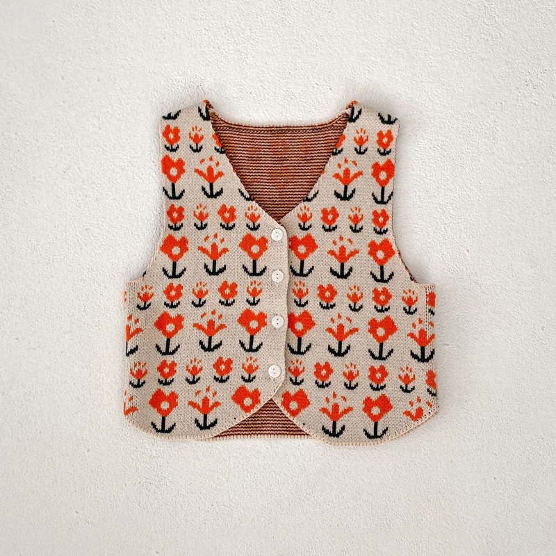 Autumn new style 0-3 years old baby clothing baby girl flower jacquard knitted V-neck vest cardigan