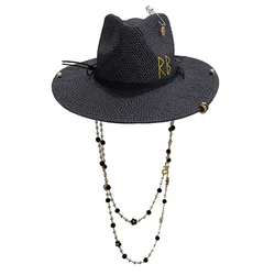 Personal design summer straw hat DIY handmade hat pearl chain jazz hat sun hat new letter hat beach hat female sombrero