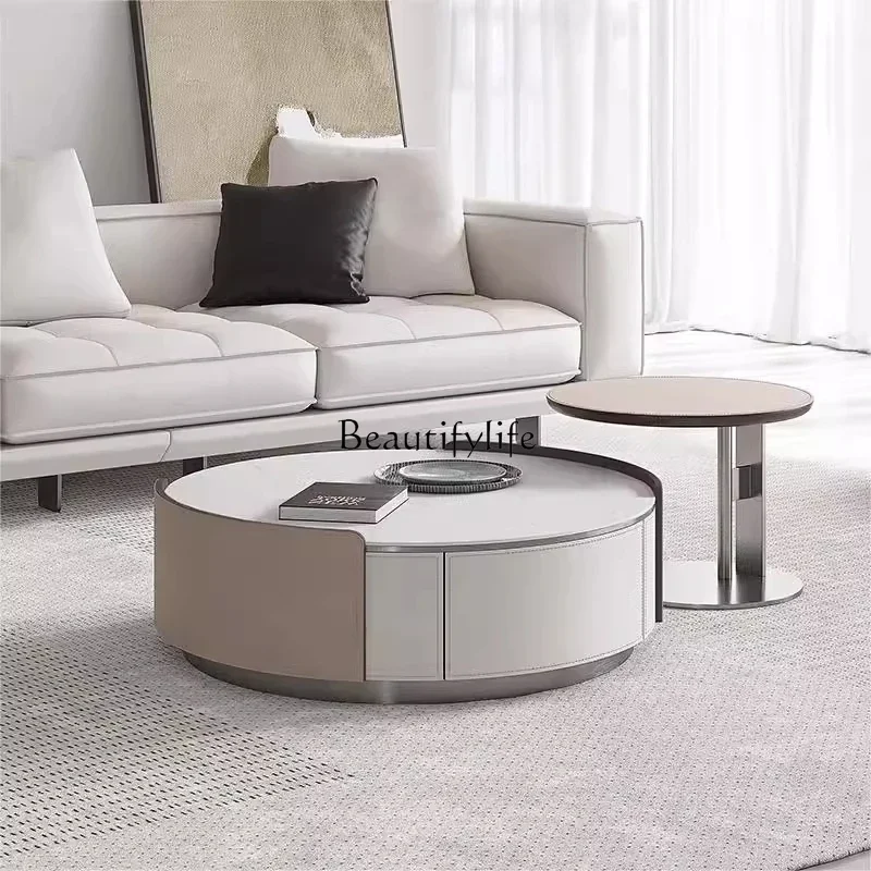 

LJY*saddle leather rock slab coffee table side table combination round light luxury living room small apartment coffee table